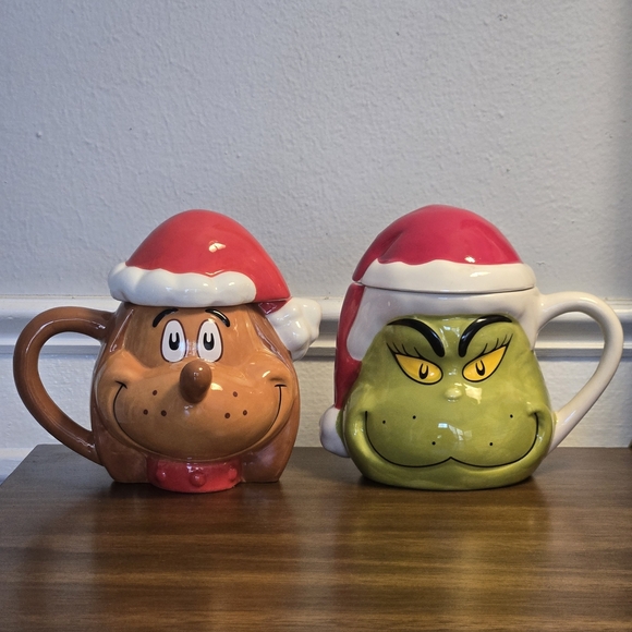 Grinch & Max Ceramic Holiday Mugs w/ Santa Hat Lids – 23 oz – Dr. Seuss Set of 2 - Picture 2 of 16